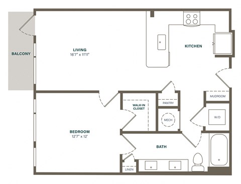 Floor plan for 1 bed, 1 bath, 756 sqft